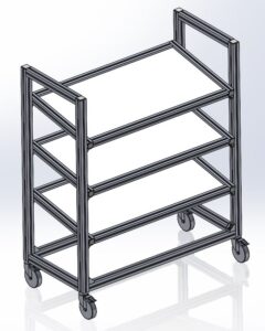A 3D rendering of a metal utility cart with four white shelves and a sturdy metal frame. It has four swivel casters for mobility on the bottom. FlexMation Mobile cart with shelves.