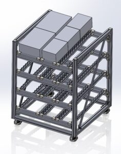 A 3D model of a four-tiered storage rack with conveyor rollers holding gray rectangular boxes on top. The structure is metallic and industrial. FlexMation Flow Rack Cad Drawing.