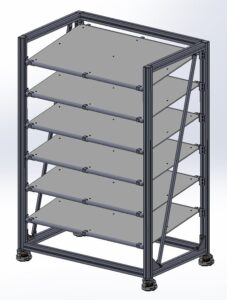 A digital rendering of a five-tier metal shelving unit with adjustable feet. The structure is minimalistic and industrial, conveying a functional design. FlexMation fixed shelf rack.