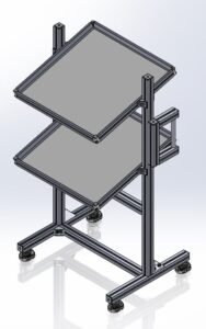 A 3D model of a standing metal frame with two diamond-shaped platforms at different heights. It has adjustable feet and a minimalist design. FlexMation Tilted Flow Rack.