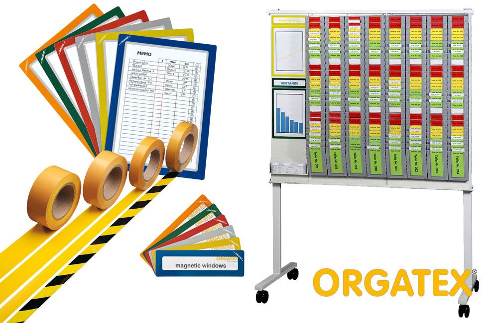 Orgatex lean visual management tools includes color coordinated tabs, folders, tapes, and management boards.
