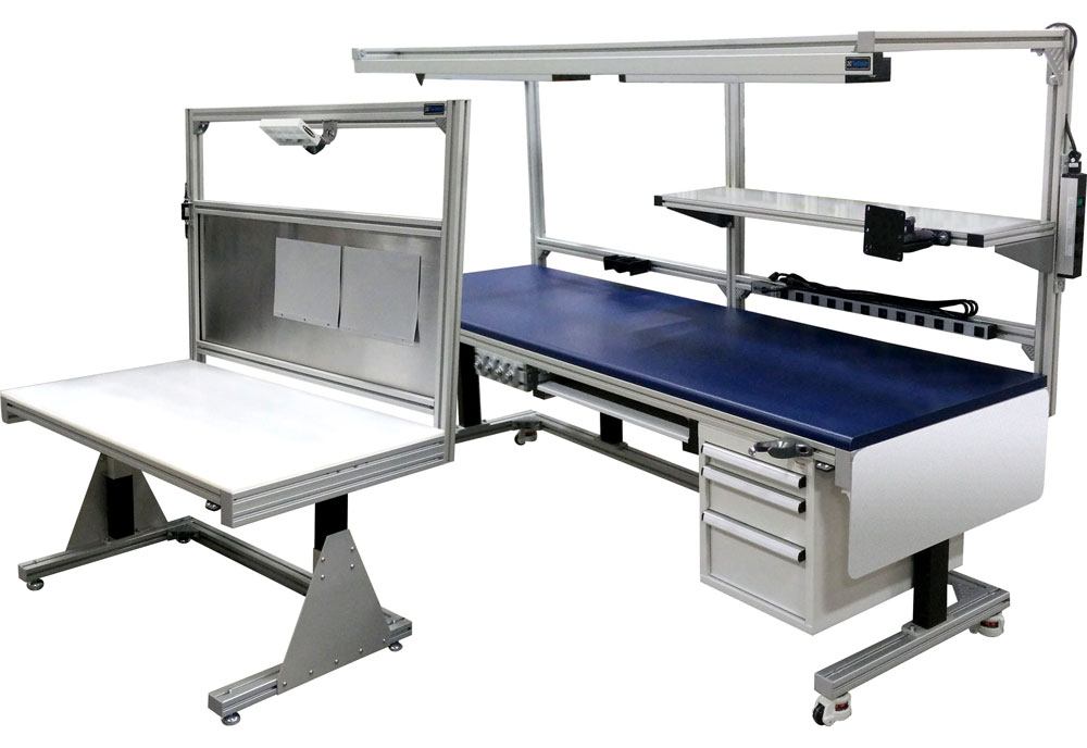 large work stations that are customizable with shelves, visual management options, lights, and drawers.